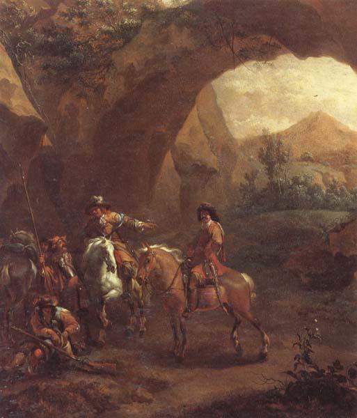 Adam Colonia Landscape with troopers and soldiers beneath a rocky arch oil painting picture